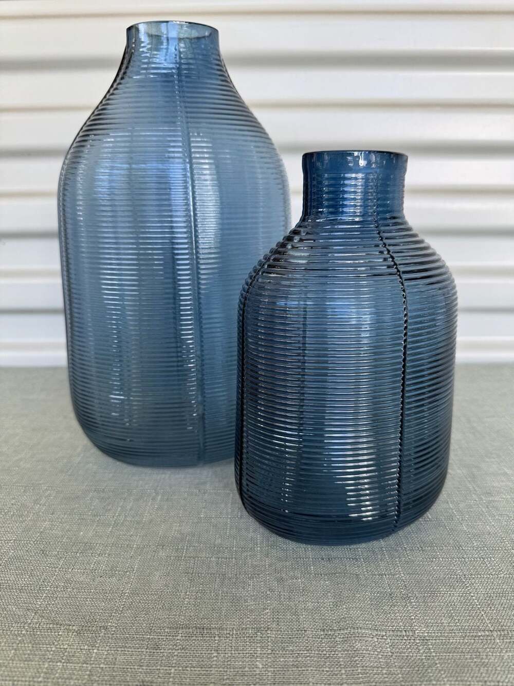 2 pc Blue Ribbed Glass Vase Set - Home Decor